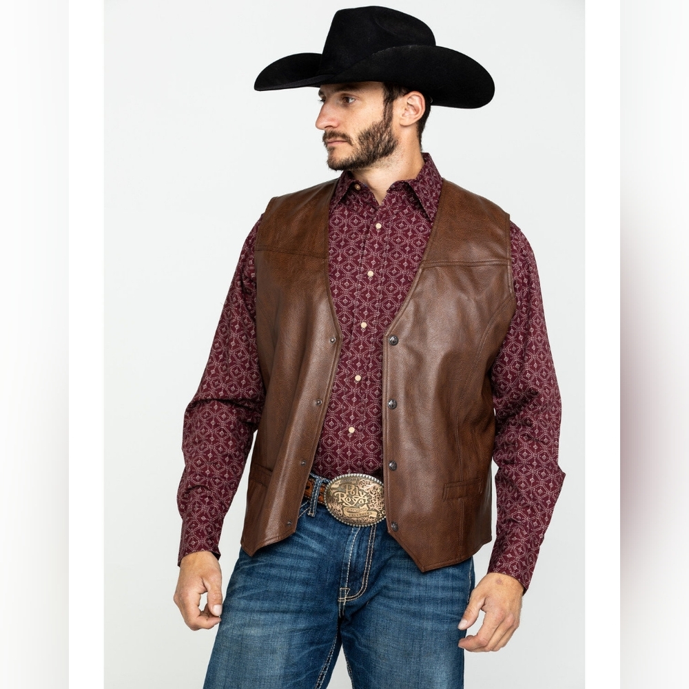 Cripple Creek Ranchwear Vest Mens Large Brown Faux Leather Western Snap Front
